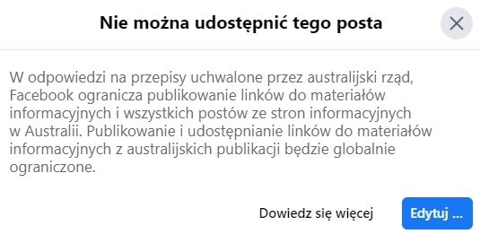 Facebook wyłączył treści od wydawców z Australii - odpowiedź na nową opłatę 1 rzad